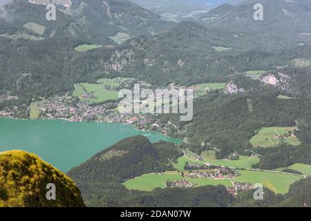 General view of St. Gilgen with Lake Wolfgang, seen from the Schafberg Stock Photo