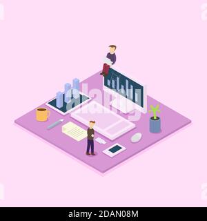 Illustration vector design of isometric workplace. Business and office room. Stock Vector