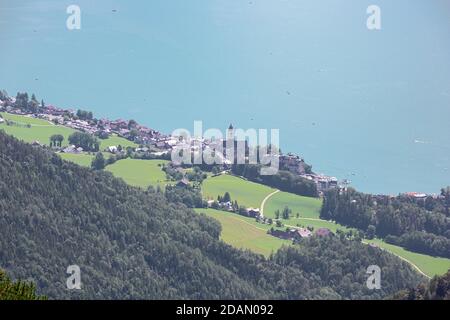 Close up from above of St. Wolfgang and Lake Wolfgang, seen from the Schafberg Stock Photo