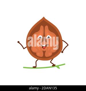 Funny cartoon character from a walnut, which stands on a surfboard. Stock Vector