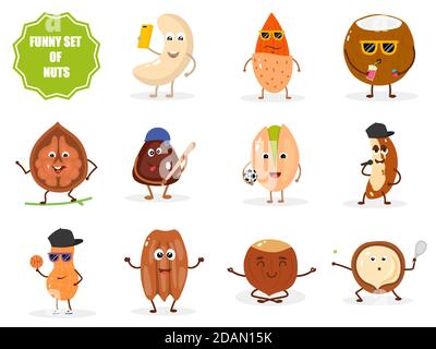 Set of isolated funny nuts characters in cartoon style. Stock Vector