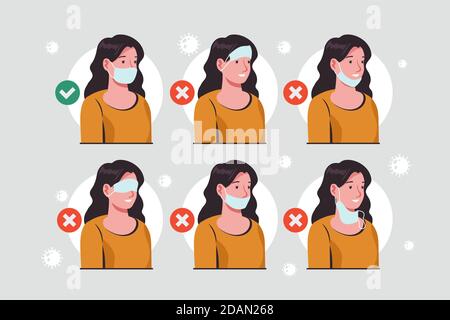 How to wear a face mask right and wrong illustration Vector Stock Vector