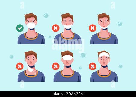 How to wear a face mask right and wrong illustration Vector Stock Vector