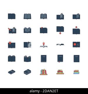 Books icons set. linear style symbols collection, outline signs pack. vector graphics. Set includes icons as open book page with bookmark, textbook, n Stock Vector