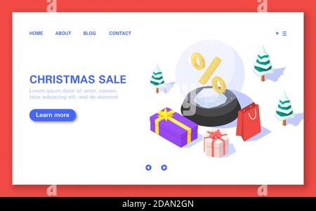 Christmas sale banner. Xmas ball with percentage and gift boxes on white background. Stock Vector
