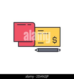 Checkbook and pen icon, color, line, outline vector sign, linear style pictogram isolated on white. Symbol, logo illustration. Editable stroke. Pixel Stock Vector