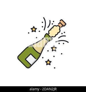 Champagne pop beverage party icon line, outline, thin, solid, color, pictogram, isolated on white background Stock Vector
