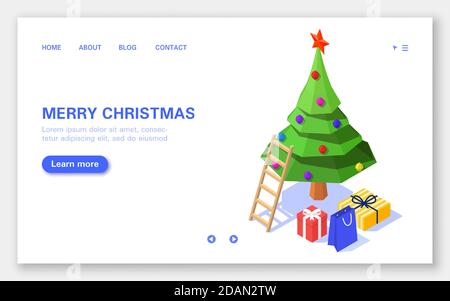 Xmas banner. Christmas tree with gift boxes and ladder on white background. Stock Vector