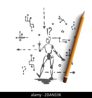Robot, machine, scheme, microchip, android concept. Hand drawn isolated vector. Stock Vector