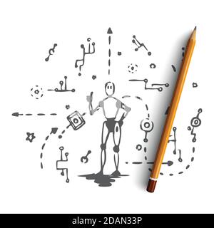 Scheme, machine, robot, technology, android concept. Hand drawn isolated vector. Stock Vector