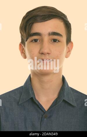 Studio shot of face of young handsome Persian teenage boy Stock Photo