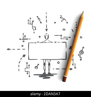 Technology, robot, scheme, android, data concept. Hand drawn isolated vector. Stock Vector