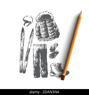 Ski, resort, winter, equipment, clothing concept. Hand drawn isolated vector. Stock Vector