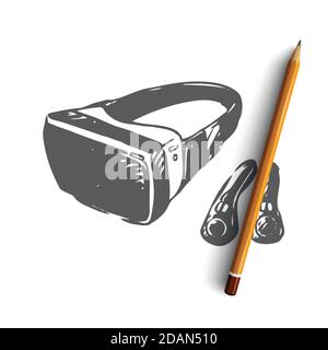 VR, equipment, reality, technology, glasses, game concept. Hand drawn isolated vector. Stock Vector
