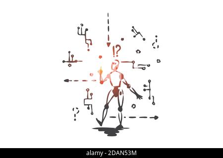 Robot, machine, scheme, microchip, android concept. Hand drawn isolated vector. Stock Vector