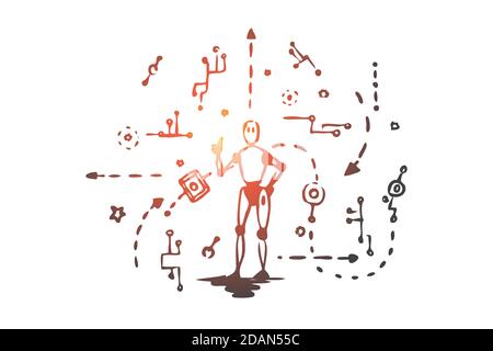 Scheme, machine, robot, technology, android concept. Hand drawn isolated vector. Stock Vector