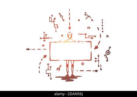 Technology, robot, scheme, android, data concept. Hand drawn isolated vector. Stock Vector
