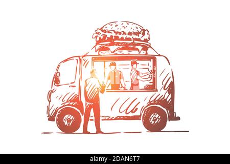 Burger, car, fast food, shop, truck concept. Hand drawn isolated vector. Stock Vector