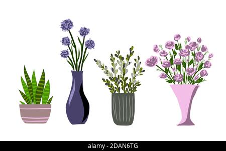 Indoor garden plants and fresh flowers isolated on white background. House growing potted houseplants set for greenhouse design. Geranium and Hydrangea, Coleus and Cactus, vector illustration Stock Vector