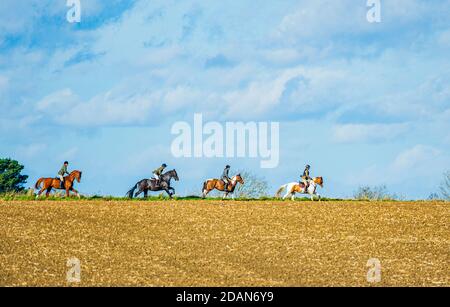 Horse and pony riders out for an afternoon hack on a sunny autumn afternoon riding against the skyline Stock Photo