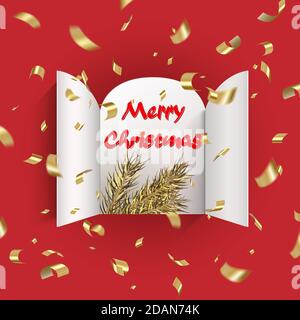 Advent Calendar Doors opening with golden christmas tree branch, falling gold tinsel isolated on red. Winter symbol great for Christmas posters, heade Stock Vector