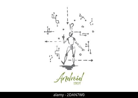 Robot, machine, scheme, microchip, android concept. Hand drawn isolated vector. Stock Vector