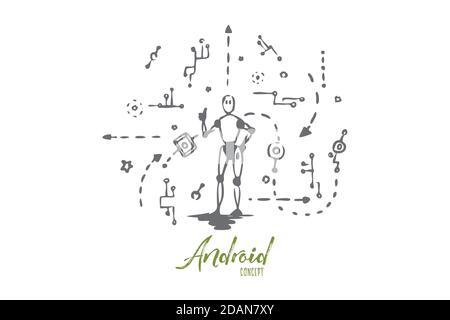 Scheme, machine, robot, technology, android concept. Hand drawn isolated vector. Stock Vector