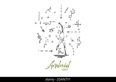 Innovation, technology, robot, scheme, android concept. Hand drawn isolated vector. Stock Vector