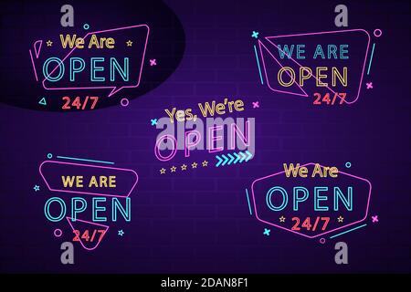 We are open - neon sign collection Vector illustration Stock Vector