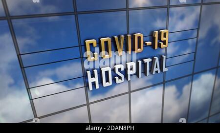 Covid-19 hospital on glass building. Mirrored sky and city modern facade. Epidemic, virus pandemic, healthcare, emergency and medical concept 3D rende