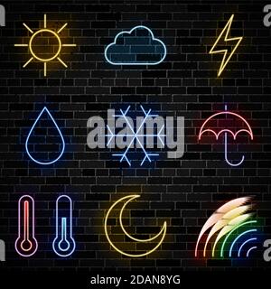 Neon weather forecast signs set Vector illustration Stock Vector
