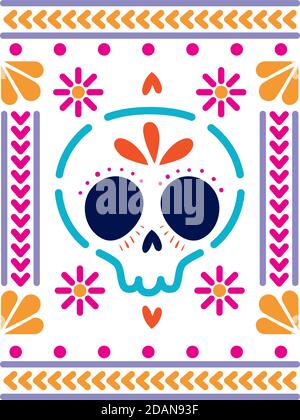 mexican icon of a skull with colors in square on white background Stock Vector