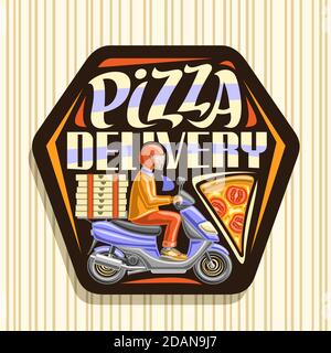 Vector logo for Pizza Delivery, dark signage with illustration of courier in helmet on blue motorcycle with pizza boxes, decorative badge for pizzeria Stock Vector