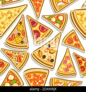 Vector Pizza Seamless Pattern, square repeating pizza background, group of cut out illustrations flat lay triangle pizza slices of assorted types on w Stock Vector