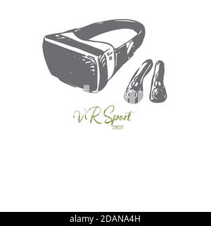 VR, equipment, reality, technology, glasses, game concept. Hand drawn isolated vector. Stock Vector