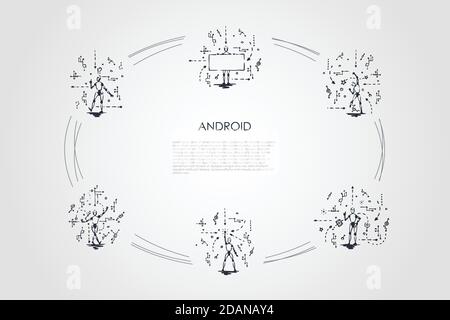 Android - robots with android scripts vector concept set Stock Vector