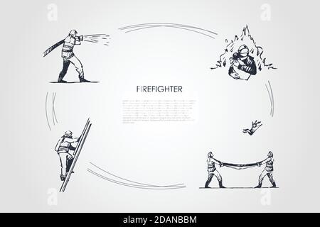 Firefighter - man firefighter extinguishing fire, climbing up ladder, saving people and catching from above vector concept set Stock Vector