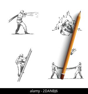 Firefighter - man firefighter extinguishing fire, climbing up ladder, saving people and catching from above vector concept set Stock Vector