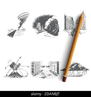 Natural disaster - tornado, tsunami, earthquake, flood, lightning strike, volcano eruption vector concept set Stock Vector