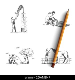 Wild animals rescue - people taking care of giraffe, horse, kangaroo, turtle vector concept set Stock Vector