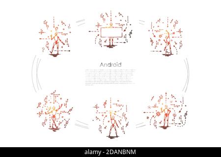 Android - robots with android scripts vector concept set Stock Vector