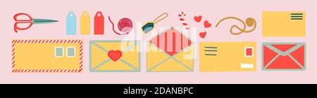 Post card and envelope set. Isolated hand-drawn postal cards and envelopes with post stamps. Modern collection of love and friendship letter designs Stock Vector