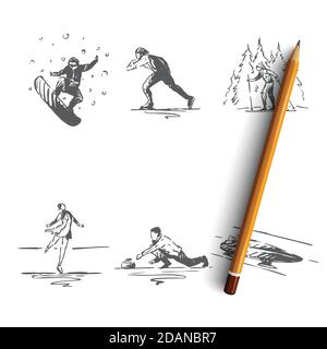 Winter sports - snowboard, skating, skiing, figure skating, bobsleigh, curling vector concept set Stock Vector