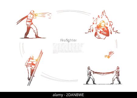Firefighter - man firefighter extinguishing fire, climbing up ladder, saving people and catching from above vector concept set Stock Vector