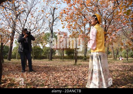 (201114) -- HEZE, Nov. 14, 2020 (Xinhua) -- Sun Yan (R), an online clothes store owner, poses for photos in a costume she designed in the fusion of the traditional clothing of the Han ethnic group that is generally called Hanfu, in Sunzhuang Village in Caoxian County of Heze City, east China's Shandong Province, Nov. 10, 2020. Sunzhuang Village thrives on e-commerce business. Among some 760 households in the village, more than 560 run online clothes stores on Taobao.com, Alibaba's main e-commerce site. The village's sales volume of costumes exceeded 200 million yuan (about 30.22 million U.S. d Stock Photo