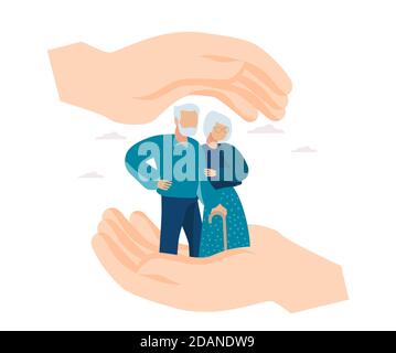 Vector of hands making a protection gesture with elderly man and woman between Stock Vector