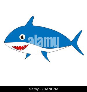 Kind and cheerful cartoon toothy shark isolated on white background. Stock Vector
