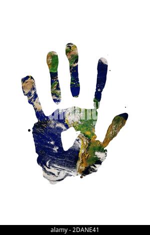 Hand print with a map of america blue planet Earth on white background. Elements of this image furnished by NASA Stock Photo