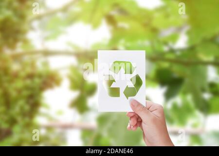 Child hand holding white paper card with recycle logo over green nature background. Earth day concept Stock Photo