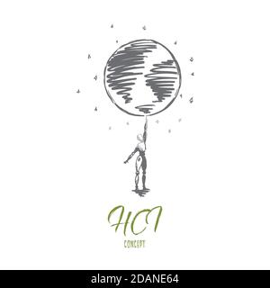 HCI, automation, technology, globally, world, data concept. Hand drawn isolated vector. Stock Vector
